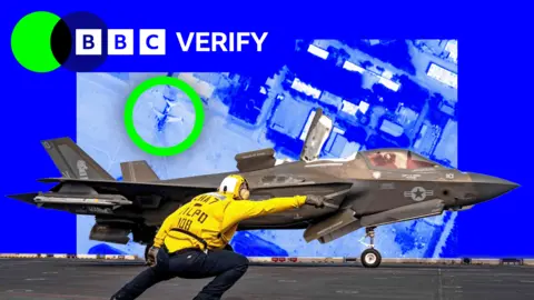 A US navy airman gives an F-35 fighter a signal to take off. He is wearing a yellow jacket and a helmet and is pointing towards the runway. The jet is armed with missiles and is painted grey. The image is imposed over a satellite photo of an airbase in Iran where damaged jets are highlighted. 