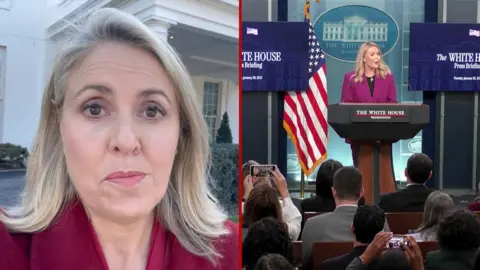 Split screen of the BBC's Sarah Smith and US White House Press Secretary Karoline Leavitt