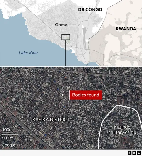 Map of Kasika district showing Katindo military camp in Goma, DR Congo, and the site where bodies were found after killings on 22 February 2025.