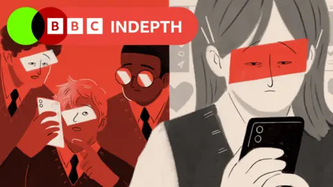 An illustration of a teenage girl looking at her phone, in the background a group of three boys also look at a phone