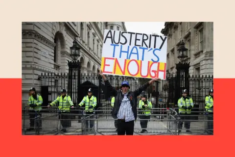 Getty Images A man holds up a banner reading 'Austerity - That's Enough' outside Number 10 Downing 