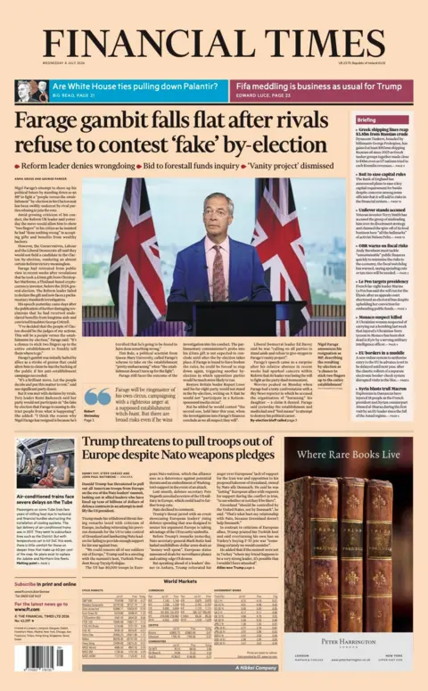 The headline on the front page of the Financial Times reads: 'Farage gambit falls flat after rivals refuse to contest 'fake' by-election.'
