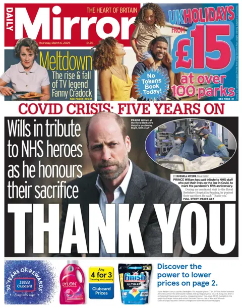 The headline on the front page of the Daily Mirror reads: "Wills in tribute to NHS heroes as he honours their sacrifice."