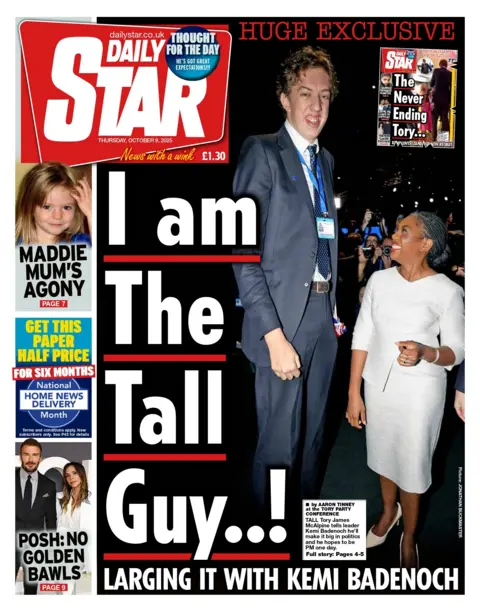"I am the tall guy...! Larging it with Kemi Badenoch" reads the headline on the front page of the Daily Star. It features next to a photo of a 7ft2 tall man in a navy suit dwarfing Kemi Badenoch in a white dress.