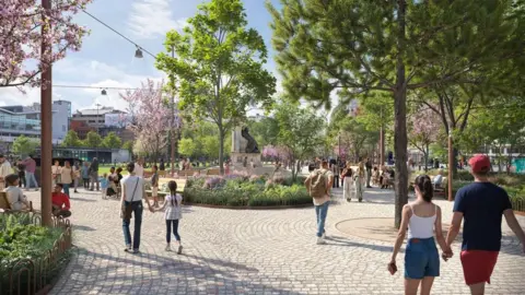 CGI of people walking around the remodelled Piccadilly Gardens in Manchester.