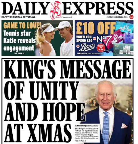 Judul Daily Express berbunyi: "Pesan Raja tentang persatuan dan harapan di hari Natal"