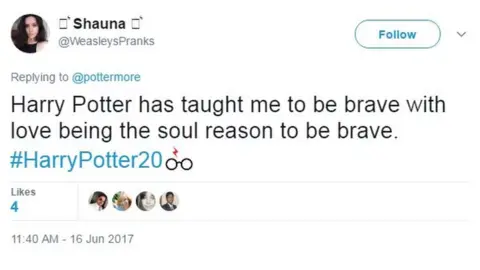 @WeasleyPranks/Twitter Harry Potter has taught me to be brave with love being the soul reason to be brave. #HarryPotter20