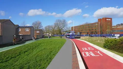 An artist's impression of proposed changes to the route. A new bus lane, in red, can be seen on the right of the picture, with grass on either side.