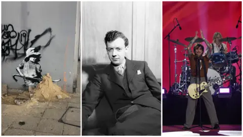 Three images - artwork on a street wall of a girls digging in the sand. Benjamin Britten wearing a suit and sitting in a chair (black and white) and Justin Hawkins from the Darkness with a guitar on stage