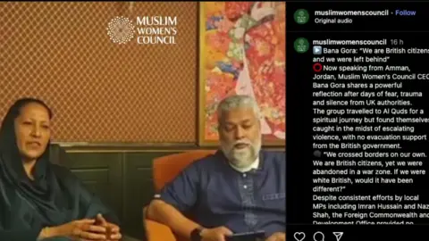Muslim Women's Council/Instagram A man and a woman sitting together. She wears a headscarf loosely. He has a grey beard and hair. The picture is a screenshot of an Instagram post pleading for help from the UK Government.