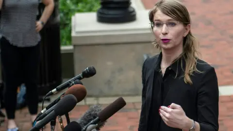 Getty Images Former military intelligence analyst Chelsea Manning speaks to the press ahead of a Grand Jury appearance about WikiLeaks, in Alexandria, Virginia, on May 16, 2019