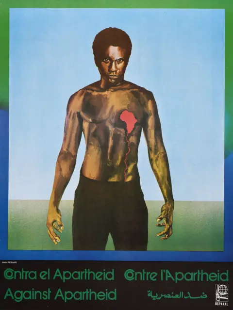 Rafael Morante Boyerizo An Ospaaal poster entitled South Africa - Against Apartheid, 1982, showing a man with a bear chest and bleeding heart shaped like Africa