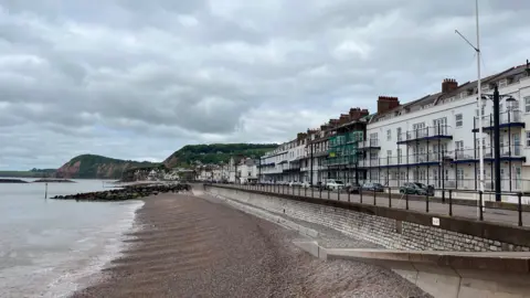 A row of houses alongside the waterfront with brown sand, a grey sky and backed by cliffs