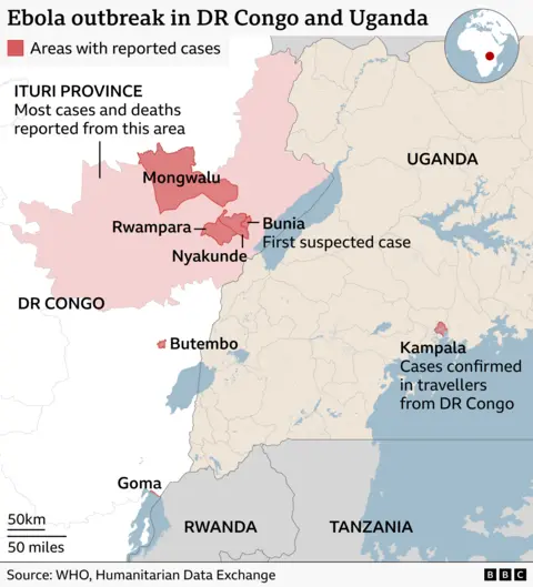 Map showing Ebola outbreak in DR Congo and Uganda. Red dots indicate reported cases. Most cases and deaths are concentrated in Ituri Province in northeastern Democratic Republic of Congo, highlighted in pink. Locations marked include Mongwalu, Bunia (noted as the first suspected case), Rwampara, Nyakunde, and Butembo, with additional points at Goma near the Rwanda border. In Uganda, a case is marked in Kampala, described as confirmed in travellers from DR Congo. Surrounding countries such as Rwanda and Tanzania are labelled, along with lakes and borders. A small inset map shows Africa with the outbreak region highlighted.