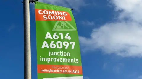 A sign on the A614