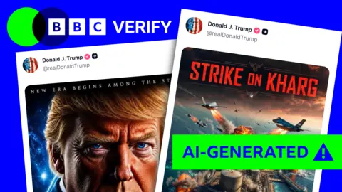 Two screenshots showing posts taken from President Trump's Truth Social account, both featuring AI-generated images. There is blue and green BBC Verify branding in the top left corner.