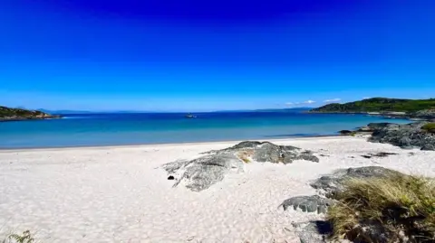 Susan Morrison A white sandy beach with blue water and blue skies