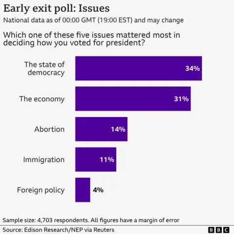 A graphic showing 34% of voters named the state of democracy as their top concern, followed by the economy (31%), abortion (14%), immigration (11%) and foreign policy (4%). The sample size was 4,7,03 and all figures have a margin of error. Source: Edison Research/NEP via Reuters