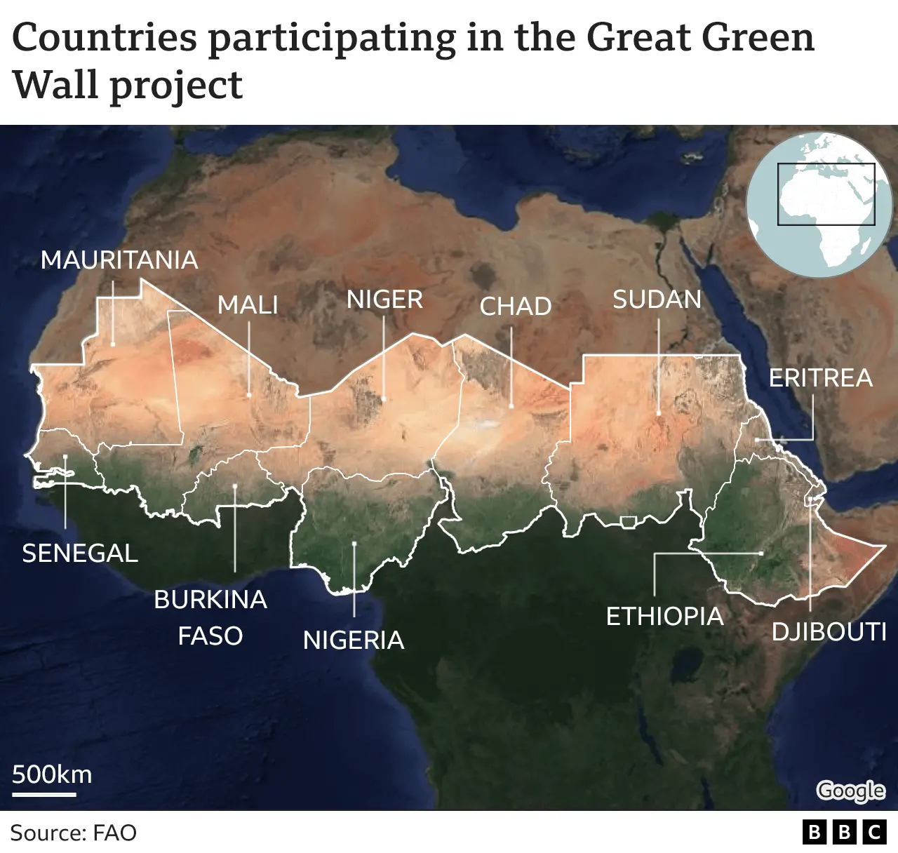 Satellite picture of Africa showing 11 countries taking part in the Great Green Wall