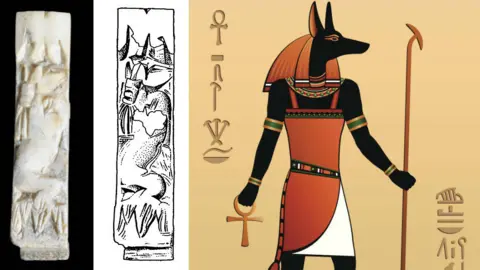 University of Leicester/Getty Anubis carving, its record drawing and a modern representation of Anubis