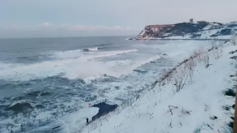 A person stands on a snowy path beside a railing as waves crash against the winter shoreline.