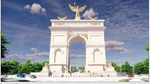 A rendering showing a marble arch with gold statues