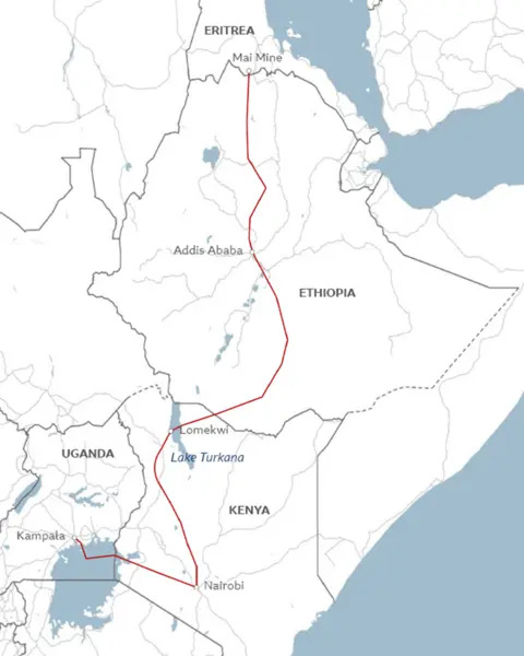 A map showing the route some Eritreans take to travel to Kenya and Uganda