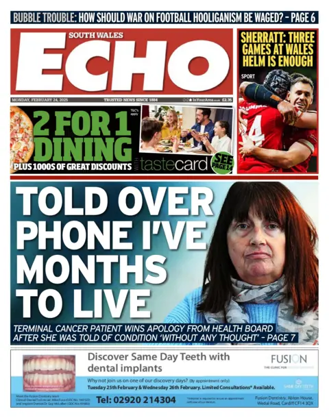 South Wales Echo South Wales Echo newspaper front page shows the main headline next to a photo of a woman with red hair looking into the camera. The headline reads: Told over phone I've months to live. Other headlines on the front page are: Sherratt: Three games at Wales helm is enough, and 'How should war on football hooliganism be waged?'