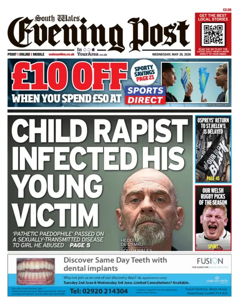 South Wales Evening Post Main headline: Child rapist infected his young victim. Next to image of a police mugshot.