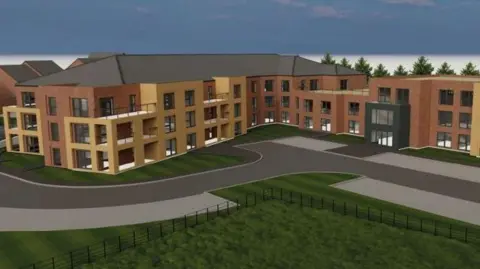 CGI image of a three-storey building set next to a winding road and a green landscaped area.