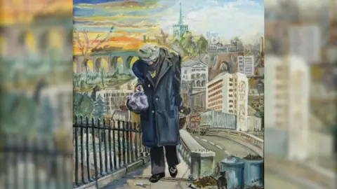 A painting of a homeless man wearing a hat and long dark coat walking through the city of Chelmsford.