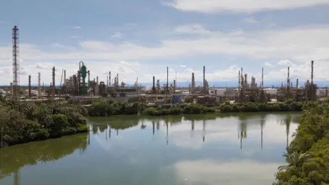 Industrial chimneys and buildings next to the river, with vegetation visible on the banks, reflections of chimneys in the water