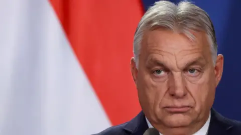 Reuters Hungarian Prime Minister Viktor Orban stood in front of a microphone. He is wearing a dark navy blazer and white shirt. He has short white hair and light-coloured eyes.