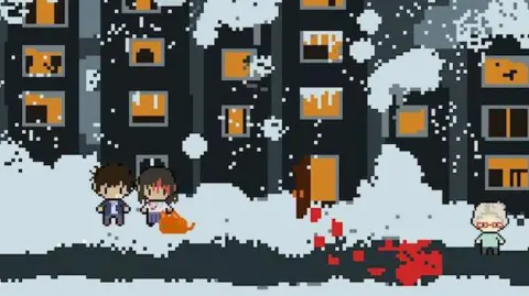 Provided A digital mock-up of Tanisi's game, showing apartment blocks snowed-under, and bloody footsteps leading into one of them.