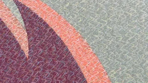 Close-up section of a painting with pinks and blues which shows the tony squiggles called excitations Orlik uses on his surrealist work