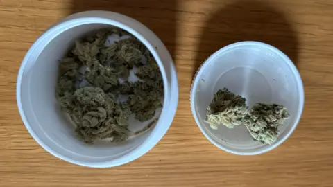 Cannabis flowers in pot and lid on table