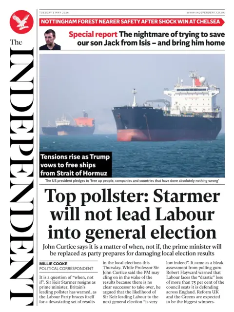 The headline on the front page of the Independent reads: “Top pollster: Starmer will not lead Labour into general election”.