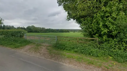 A view of a field from a road next to it. There are green trees and the sky is grey.