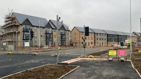 Shariqua Ahmed/BBC A new housing estate being built with some part finished houses and some that are complete. They are pale brick with some black sections and slate grey roofs.