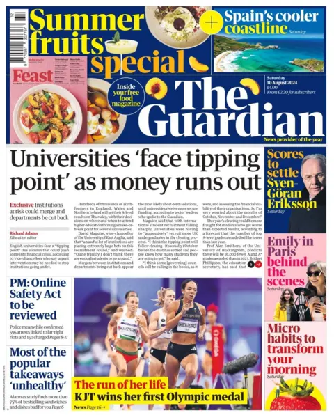 The Guardian headline reads: Universities face tipping point as they run out of money