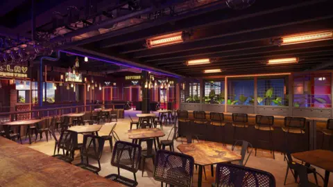 Full Fat A bar and dining area, with tables and chairs, is pictured in an artist's rendition of the Mega City entertainment centre. 