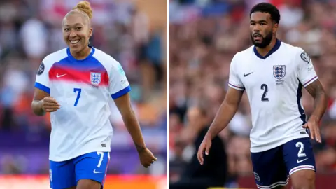 Getty Images Composite image: Left, a woman in white England shirt and blue shorts with 7 on shirt smiles while right a man in white England shirt and blue shorts with 2 on with a neutral expression
