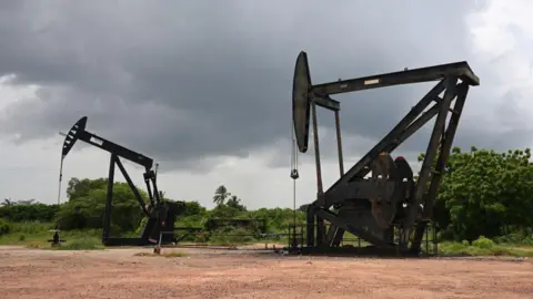 Oil pumps are pictured in Maracaibo, Zulia State, Venezuela, on July 12, 2024. 