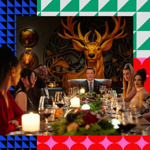 Netflix A scene from Million Dollar Secret, featuring the host and contestants around a table