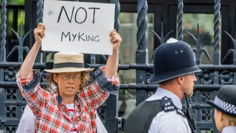 Guy Bell/REX/Shutterstock  A protester with a sign saying Not my king