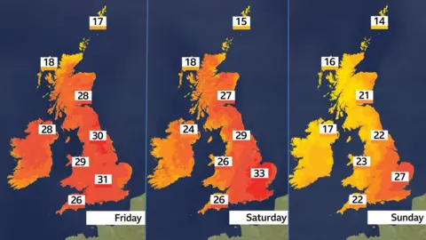 BBC weather graphic showing top temperatures around the UK on Friday, Saturday and Sunday