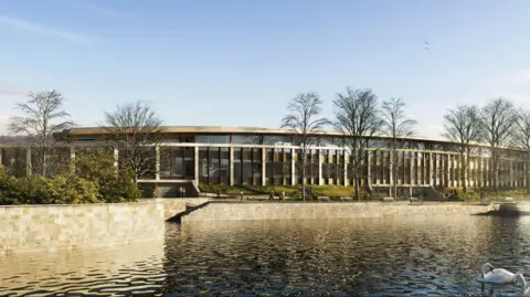 Bath Rugby A computer generated image of what the stadium will look like. It is a slightly curved building with large glass windows overlooking the river, where swans are floating. 