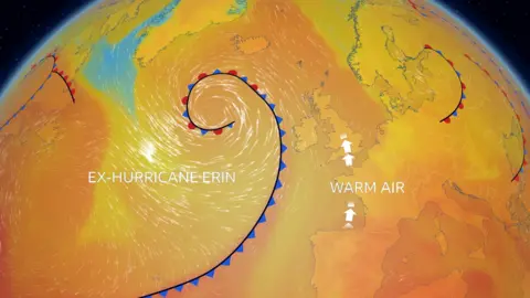 A graphic showing ex-hurricane Erin's weather front approaching the UK and scooping up warm air ahead of it.