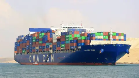 Anadolu A cargo ship crosses the Suez Canal in Ismailia, Egypt on December 29, 2023