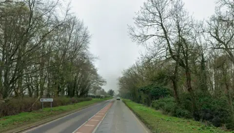 Google A road that is lined by grass verges and trees on a cloudy day. There is a lone road sign directing drivers to the nearby village of Moulton. A lone car is in the distance driving towards the camera.